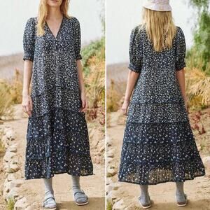 THE GREAT. The Yonder Dress V neck Midi Floral Puff Sleeve Ruffle Size XS Size 0